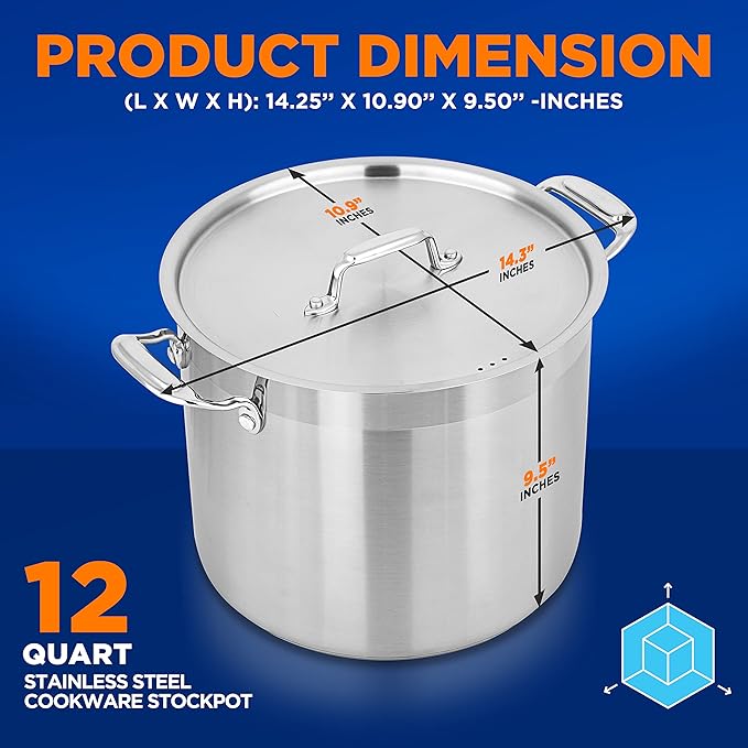 NutriChef 12-Quart Stainless Steel Stockpot with Stainless Steel Lid - 18/8 Food Grade Heavy Duty Large Stock Pot for Stew & Soup, Works w/Induction