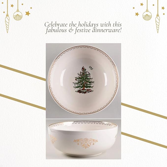 Spode Christmas Tree Gold Large Round Bowl - 10-Inch Stoneware Bowl for Serving Salad, Pasta, and Side Dishes - Elegant Holiday Serving Dish with 22K Gold Accents, Dishwasher Safe