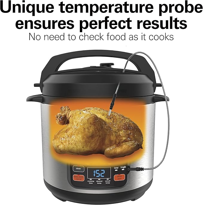 Hamilton Beach 6-in-1 Electric Pressure Cooker with Temperature Probe, Slow Cooks, Sautés, Browns, Steams, Rice Function, Egg and More, 6 Quart Capacity, Stainless Steel (34506)