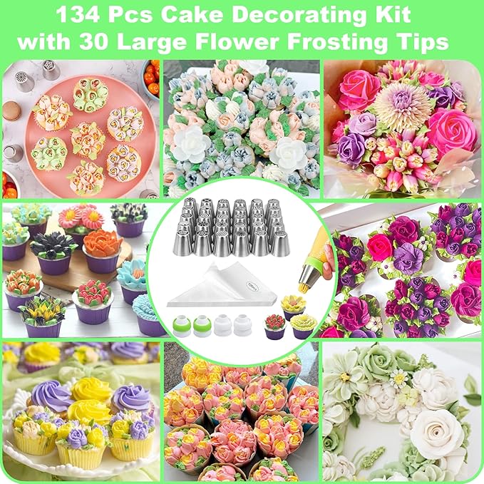 Suuker Russian Piping Tips, 134 Pieces Piping Bags and Tips Set, Frosting Piping Kit with 30 Large Piping Tips, 100 Icing Bags and Tips Set, Cake Decorating Kit