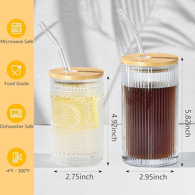 13 oz Drinking Glasses Set of 4 with Bamboo Lids Straws Hobnail Boho Glassware Set Vintage Glass Cups Embossed Iced Coffee Cup for Beer Cocktail Beverage(Hobnail)