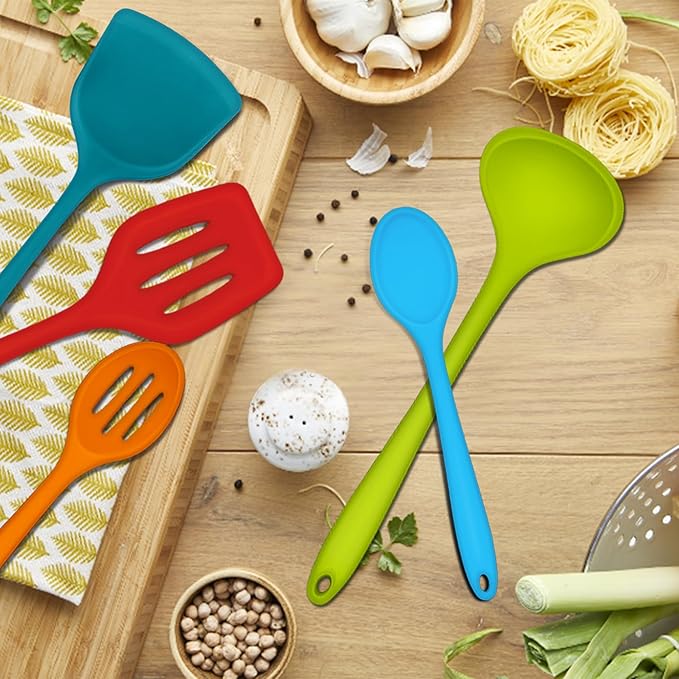 E-far 10 Pcs Silicone Cooking Utensils Set, Heat Resistant Kitchen Utensil Set for Nonstick Cookware, Kitchen Cooking Tools with Spatula, Spoon, Slotted Turner, Non-Toxic & Dishwasher Safe (Colorful)