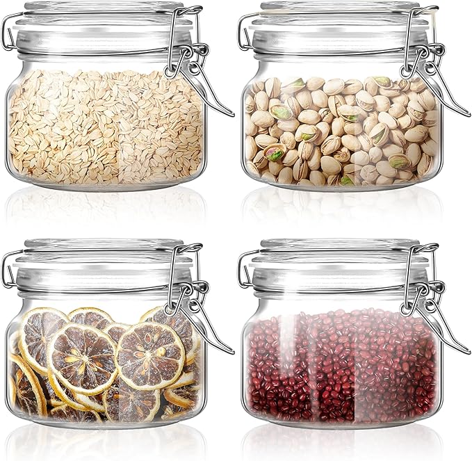 Glass Food Storage Jars with Airtight Lids 17 oz Square 4 Pack Kitchen Storage Containers Cabinet Canisters Sealed Pot Canning for Pasta, Cereal, Coffee, Beans, Spice