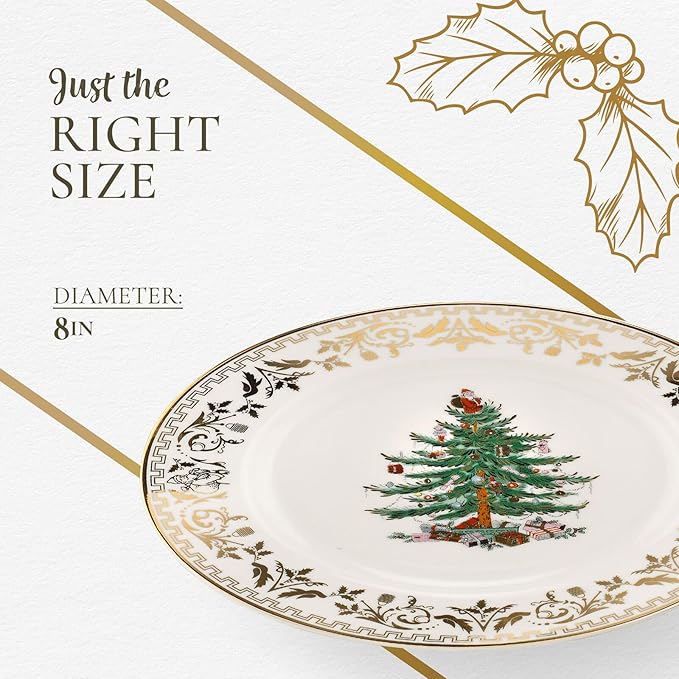 Spode Christmas Tree Gold Salad Plate (Set of 4) - 8-Inch Porcelain Dinner & Appetizer Plate, Christmas Dinnerware, Microwave & Dishwasher Safe, Festive Collectible Seasonal Dining Plate