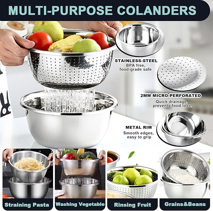 8+1 Stainless Steel Colander Set with Mixing Bowl, 4 Sizes (1.8QT, 2.3QT, 3QT, 4QT) with 1 Mesh Strainer, for Washing Rice, Fruits, Vegetables, Draining Pasta, Meat, and Spaghetti