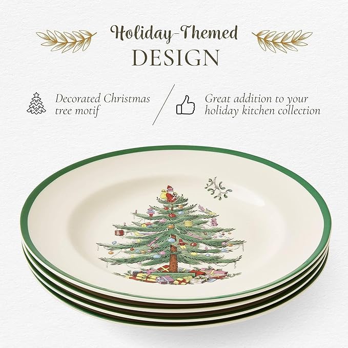 Spode Christmas Tree 10.5" Dinner Plate (Set of 4) - Festive Holiday Stoneware Plate with Christmas Tree & Green Borders, Microwave, Dishwasher, Freezer, Oven Safe - Collectible Holiday Tableware