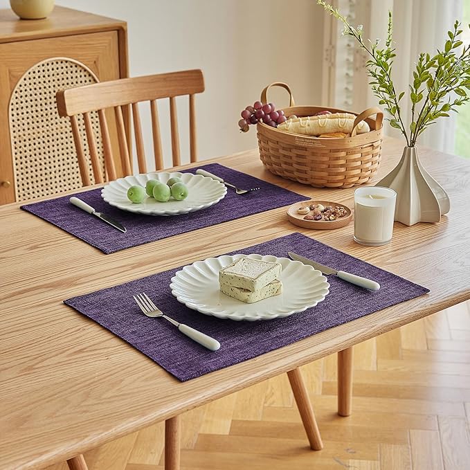 Softalker Faux Linen Placemats Set of 4-12 x 18 Inch, Heat Resistant Double Layered Durable Burlap Farmhouse Place Mats, Non-Slip Washable Rustic Table Mats for Dining, Kitchen, Party(Purple