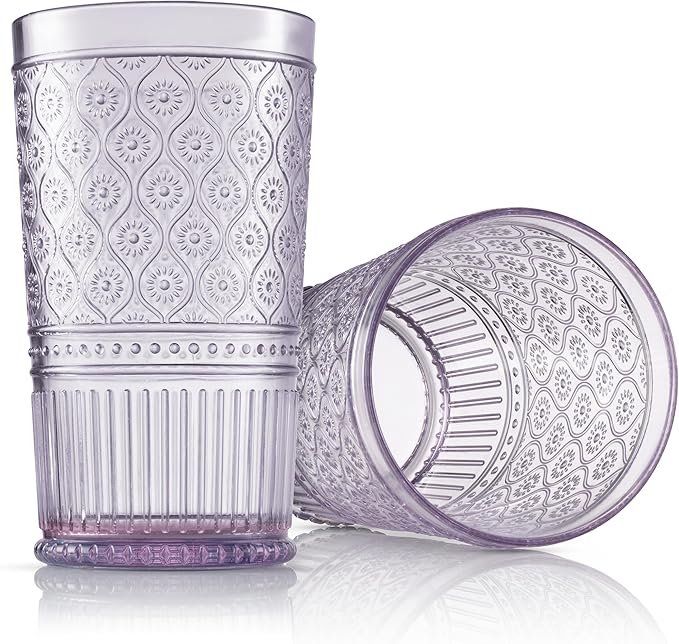 Godinger Highball Drinking Glasses, Acrylic Drinking Glasses Set, Elegant Tall Plastic Cups, Vintage Romantic Decor - Set of 4, Lavender