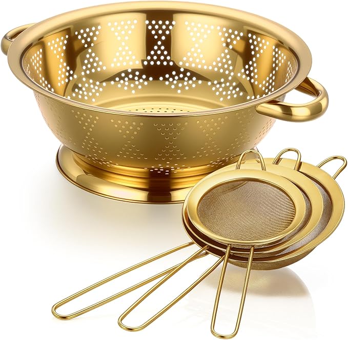 4 Pcs Gold Kitchen Accessories Includes Stainless Steel Colander and 3 Pcs Gold Fine Mesh Strainer Essential Kitchen Colander Strainers with Handles, Easy Clean and Dishwasher Safe(3.7 Qt)