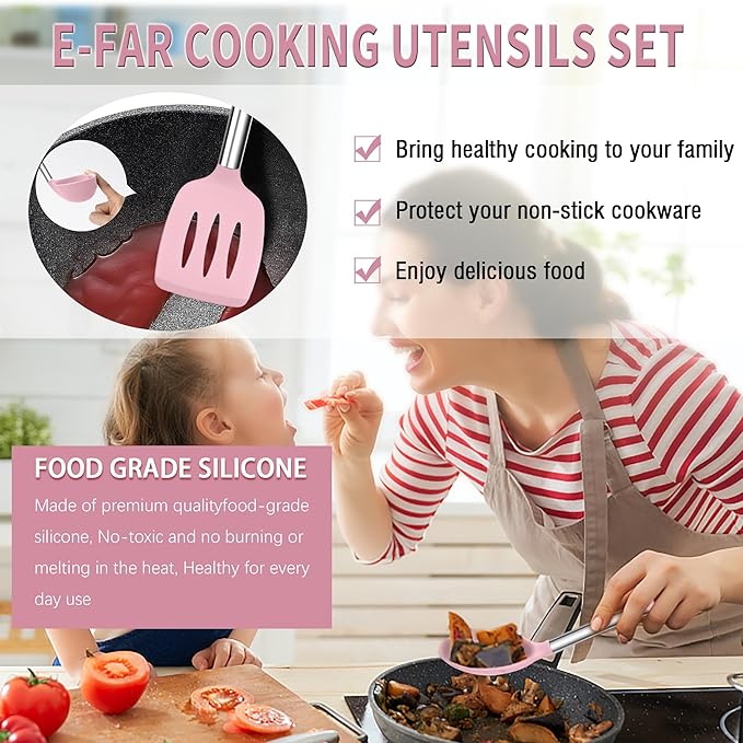 E-far Silicone Cooking Utensils Set, 14-Piece Pink Kitchen Utensils Set with Holder, Kitchen Tools Spatulas with Stainless Steel Handle for Non-stick Cookware, Heat Resistant & Dishwasher safe