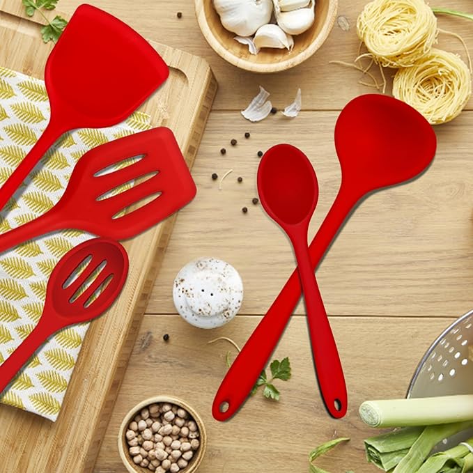 E-far 10 Pieces Silicone Cooking Utensils Set, Heat Resistant Kitchen Utensil Set for Nonstick Cookware, Kitchen Cooking Tools with Spatula, Spoon, Slotted Turner, Non-Toxic & Dishwasher Safe (Red)