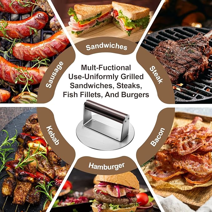 Stainless Steel Burger Press, 6.3" NonStick Hamburger Smasher Tool & Grill Press, 1.32lbs Grill Press with Wood Handle for Blackstone Camp Chef Pitboss Weber Griddle Grills(Round)