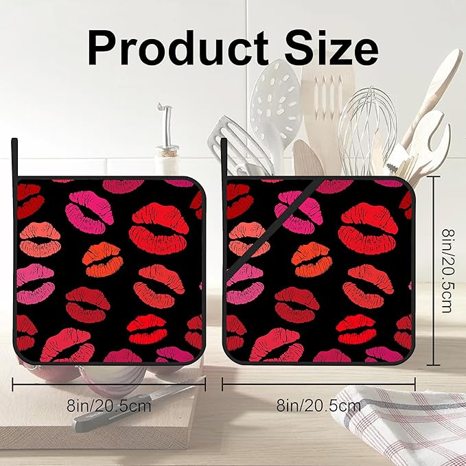 Red Lip Kiss Pot Holders 2 PCS for Kitchen, Heat Resistant Hot Pads for Cooking Grilling Baking BBQ, Pot Holders for Women Cook Essentials Accessories Home Microwave