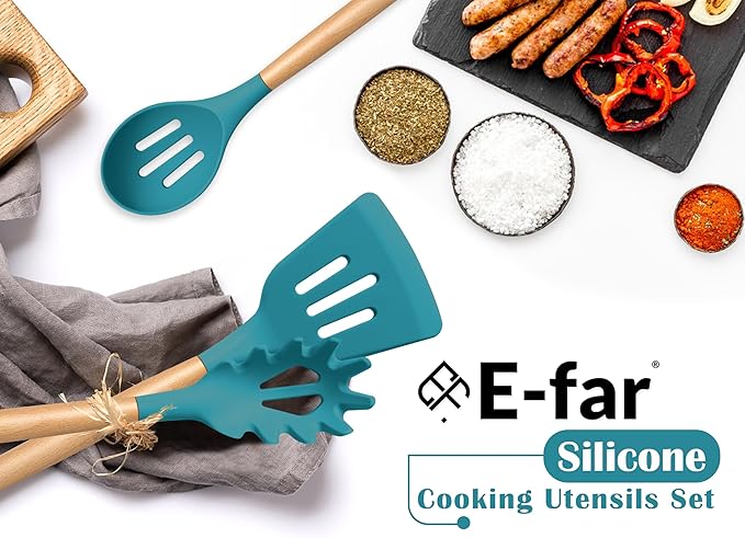 E-far Blue Cooking Utensils Set with Holder, 25-Piece Silicone Kitchen Utensil Set with Wooden Handle for Nonstick Cookware, 446°F Heat Resistant Kitchen Tool Spatula Tongs Whisk, Non-toxic & Healthy