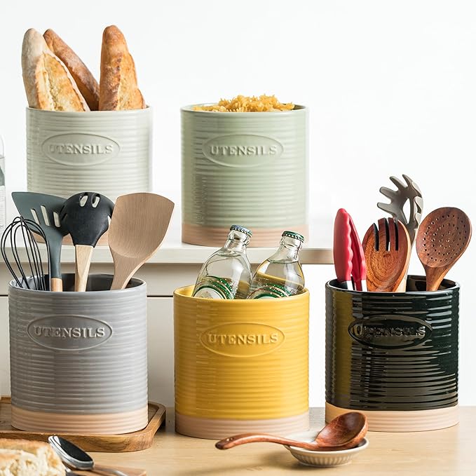 YHOSSEUN Black Utensil Holder, Ceramic Utensil Holder for Kitchen Counter, 6.7" Halloween Utensil Crock for Kitchen Tools Utensil Caddy, Oval Shape