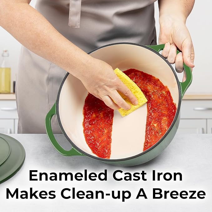 Zulay Kitchen 5 Quart Enameled Cast Iron Dutch Oven with Lid,Silicone Trivet & Heat Pad – Premium Durability & Oven Safe up to 500°F – Heavy Duty Cookware Perfect for Bread Baking, Stews, Braising & Roasting – Green