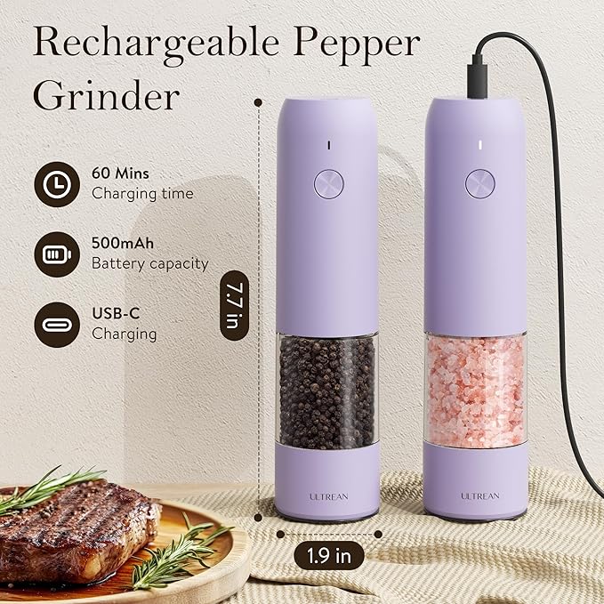 Ultrean Electric Pepper Grinder, Rechargeable Salt and Pepper Grinder with 6 Adjustable Coarseness, LED Light, One-Hand Automatic Operation, Lavender Purple