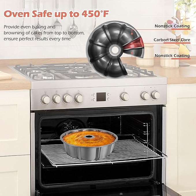 E-far 10 Inch Fluted Cake Pan, Nonstick Tube Pan for Baking Pound Cake, Heavy Duty Carbon Steel Round Baking Mold, Easy Release & Easy to Clean, 10 Cup, Gray