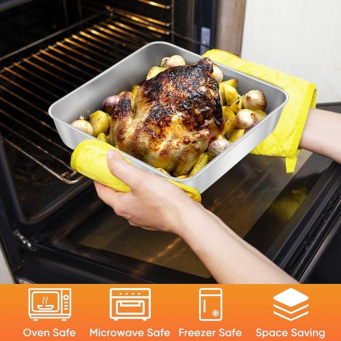 Herogo 8 x 8 Baking Pan Set of 2 for Oven, Stainless Steel Square Cake Pan for Lasagna Brownies Casseroles Cakes, Dishwasher Safe & Durable