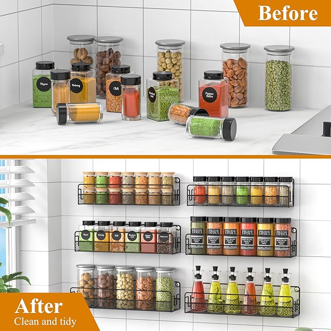 Wall Mounted Spice Rack Organizer, Pantry Door Organizer & Hanging Storage Baskets, Metal Spice Shelf for Kitchen Cabinet, 3 Depth Sizes Hold Large Jars to Nail Polish Bottles, 6 Pack