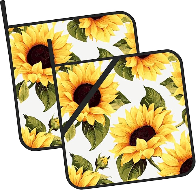 Groovy Sunflower Pot Holders Set of 2 Kitchen Heat Resistant Potholders for Microwave Cooking Baking Oven End Dishes and BBQ Gifts for Women