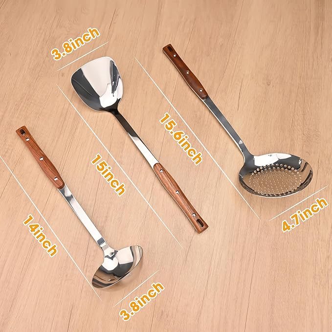 FJNATINH 3Pack Stainless Steel Wok Utensils, Heat-Resistant Wok Spatula and Stainless Steel Ladle Spoon and Kitchen Skimmer for Serving, Turning, Cooking, Soup, Draining