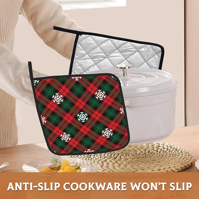 Red Green Plaids Pot Holder Set of 2,Retro Christmas Plaid Kitchen Heat Resistant Potholder for Women Men BBQ Cooking Baking