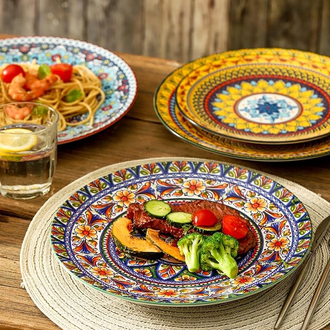 glowworm Dinner Plates, 10.5 Inch Ceramic Plates Set of 6 for Steak, Snacks, Pizza, Cake, Colorful Serving Dishes for Kitchen, Microwave, Oven & Dishwasher Safe, Bohemian