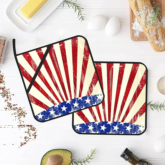 4th of July Grunge American Flag Pot Holders for Kitchen Heat Resistant Pot Holders Set of 2 Oven Hot Pads Pot Holders for Cooking Baking BBQ Gifts for Women