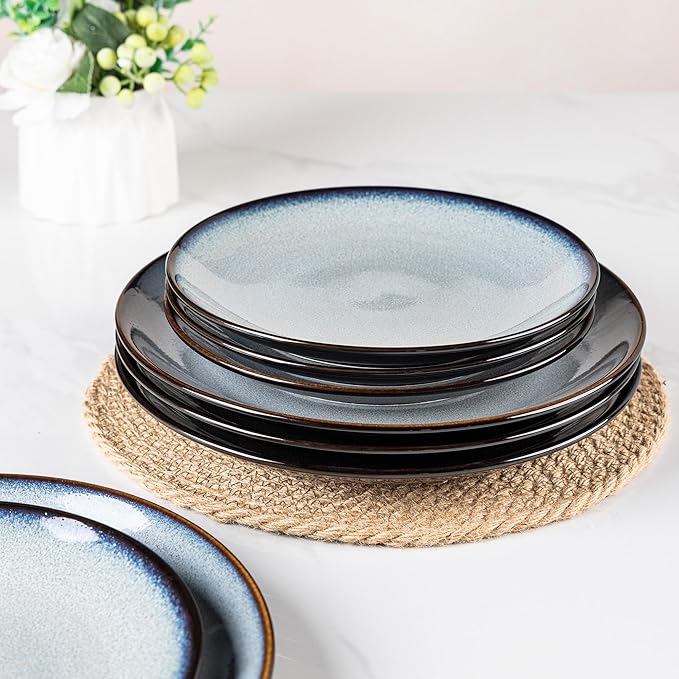 LERATIO Ceramic Dinner Plates Set of 6, 10.5 Inch Handmade Reactive Glaze Porcelain Plates, Coupe Shape Dinnerware Dishes Set for Kitchen,Oven& Microwave & Dishwasher Safe, Scratch Resistant-Gray Blue
