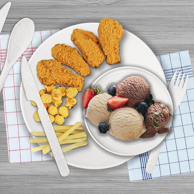 Wheat Straw Plate and Bowl sets with cups and cutlery set of 64 - Unbreakable Dinnerware service for 8 - Microwave and Dishwasher safe dish sets for kitchen,indoors and out doors.White