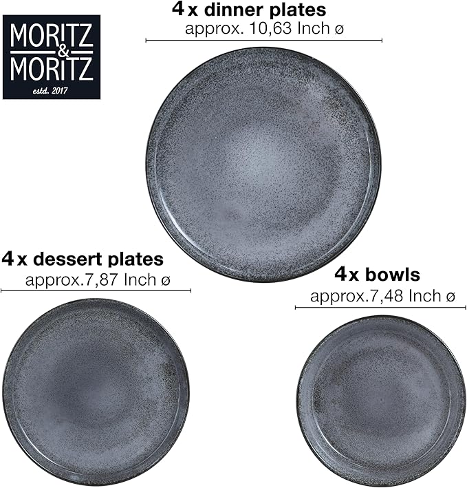 VIDA 12-Piece Porcelain Dinnerware Plate Set for 4 | Includes 4 Dinner Plates, 4 Dessert Plates, 4 Bowls | Modern Grey Ceramic Tableware, Stoneware Look, Microwave & Dishwasher Safe Dishes