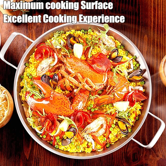 14 Inch Paella Pan with Lid - Premium Stainless Steel Paellera | Large Everyday Frying Pan & Skillet for 8-10 Personas