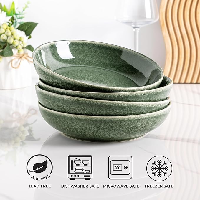 AmorArc 8.5'' Large Ceramic Pasta Bowls Set, 36oz Stoneware Bowls Set of 4 for Kitchen, Reavtive Glaze Bowls-Microwave, Dishwasher Safe for Pasta,Salad,Oatmeal -Jade Green