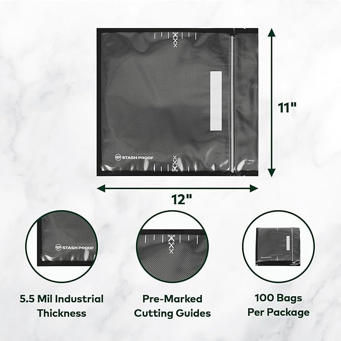 11" x 12" Recloseable Zip Storage Vacuum Seal Bag (Black and Clear) (100 Count) 5.5 Mil Durable - BPA Free Food Grade Reusable Resealable Zipper Reclosable Zip Poly Coins, Snacks, herbs