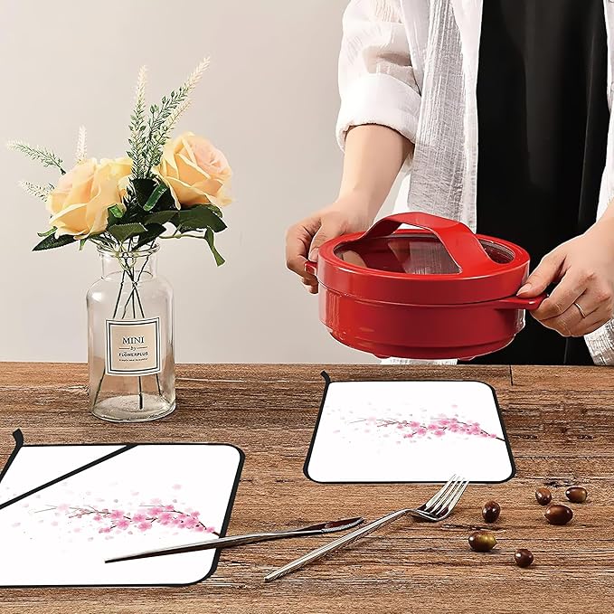 Cherry Blossom Pot Holders Set of 2 Heat Resistant & Non Slip Potholders, Japanede Sakura Oven Hot Pads for Kitchen Cooking Baking Barbecue
