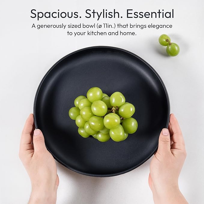 Granite Inspired Matte Black Fruit Bowl | Wide, Shallow Textured Pedestal Bowl | 11 Inch Unique Centerpiece for Table or Decor for Entryway Table