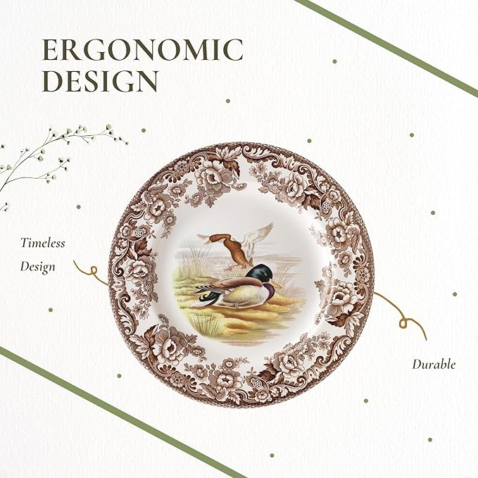 Spode Woodland Mallard 9" Soup Plate - Rustic Fine Earthenware Bowl for Soup, Salad, Pasta with Bird Design - Microwave, Oven, Freezer & Dishwasher Safe - Matches Woodland and Delamere Collections
