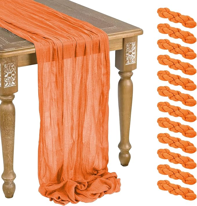 12 Pack Orange Cheesecloth Table Runner 10ft Boho Gauze Cheese Cloth Table Runner Rustic Sheer Runner 120 inch Long for Christmas Wedding Table Decorations