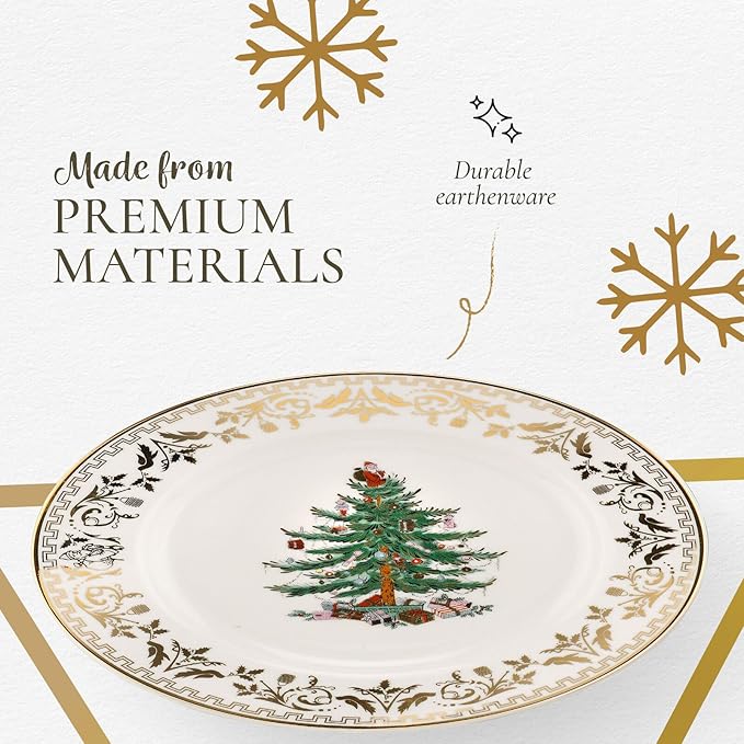 Spode Christmas Tree Gold Salad Plate (Set of 4) - 8-Inch Porcelain Dinner & Appetizer Plate, Christmas Dinnerware, Microwave & Dishwasher Safe, Festive Collectible Seasonal Dining Plate