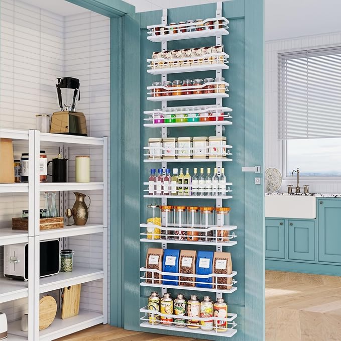Over The Door Pantry Organizer,9-Tier Over The Door Organizer with Adjustable Basket,Metal Hanging Pantry Organizers and Storage for Kitchen, Back of Door Seasoning Rack