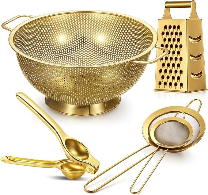 Sawysine 5 Pcs Gold Kitchen Appliances Includes 5 Quart Gold Colander and 2 Pcs Strainer Set, Lemon Squeezer, Stainless Steel 4 Sides Grater Slicer with Handle for Kitchen