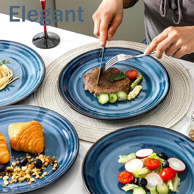 glowworm 10 Inch Ceramic Dinner Plates Set of 4, Salad Plates for Steak, Pasta, Microwave, Oven & Dishwasher Safe, Scratch Resistant, Navy Blue