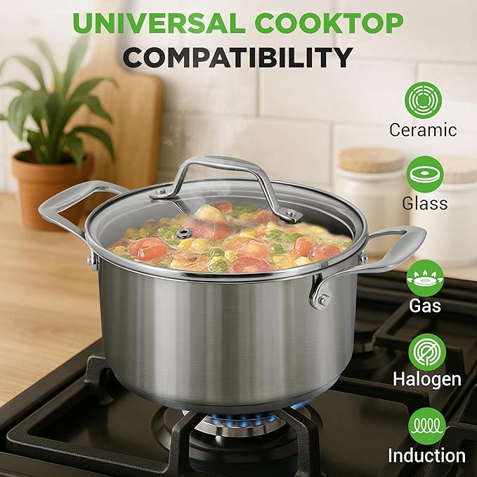 NutriChef 6-Quart Stainless Steel Stockpot – 18/8 Food Grade Heavy-Duty Induction-Compatible Pot with See-Through Lid, Ideal for Stews, Broths, Simmering & Soups, Dishwasher Safe – NCSP6