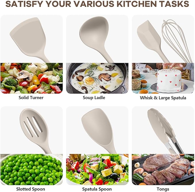TeamFar Kitchen Cooking Utensils, 10 pcs Silicone Cooking Utensils Set, 446°F Heat Resistant Kitchen Gadgets Tools Set w/Spatula, Turners, Spoons, Soup Ladle, Pasta Server for Nonstick Cookware, Khaki