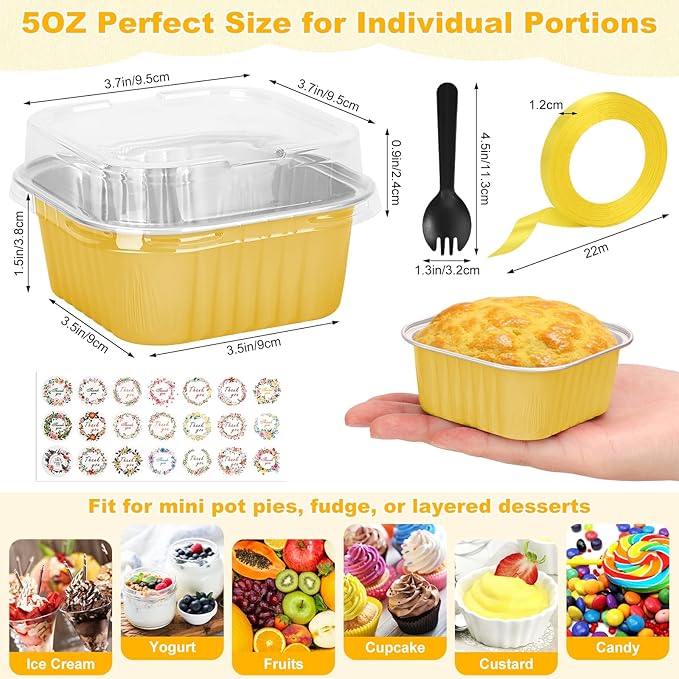 100 Pack Mini Cake Pans with Lids and Spoons, 5oz Square Aluminum Foil Loaf Pans Gold Small Cake Tins Disposable Baking Pans Dessert Cupcake Cups with Ribbon Decals for Wedding Birthday Party Picnics