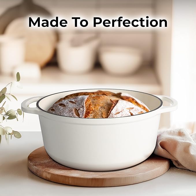 Zulay Kitchen 7.7 Quart Enameled Cast Iron Dutch Oven with Lid, Silicone Trivet & Heat Pad – Premium Durability & Oven Safe up to 500°F – Heavy Duty Cookware Perfect for Bread Baking, Stews, Braising & Roasting – White