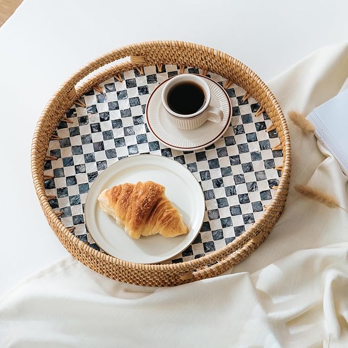 13.8 in Round Rattan Serving Tray with Handle, Mother of Pearl Tray Wooden Base, Decorative Wicker for Table, Kitchen Island & Home Decor (Black Checkerboard)