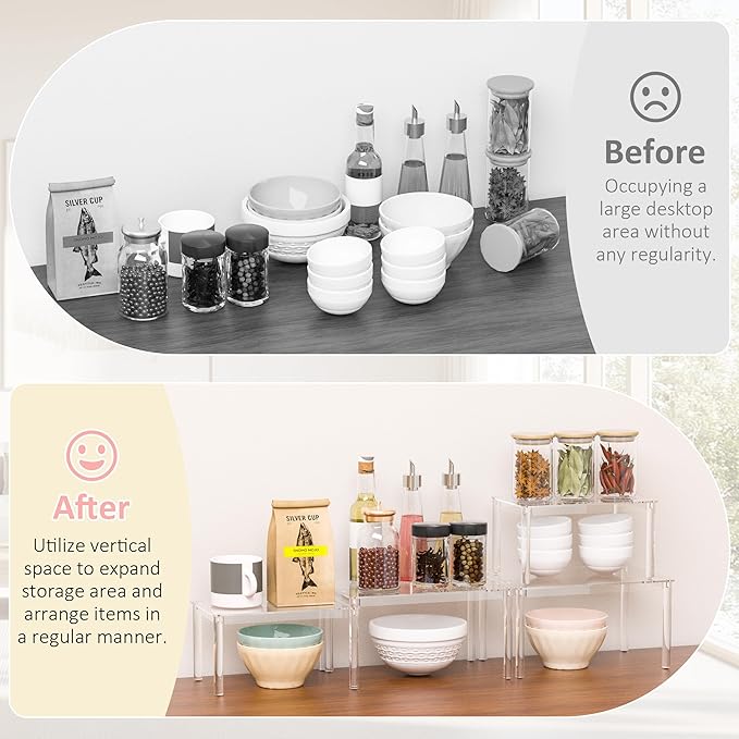 Acrylic Cabinet Organizer Shelf Set of 4, Clear Kitchen Counter Shelves Spice Rack, Pantry Kitchen Storage, Stackable, Expandable, Moisture Resistant