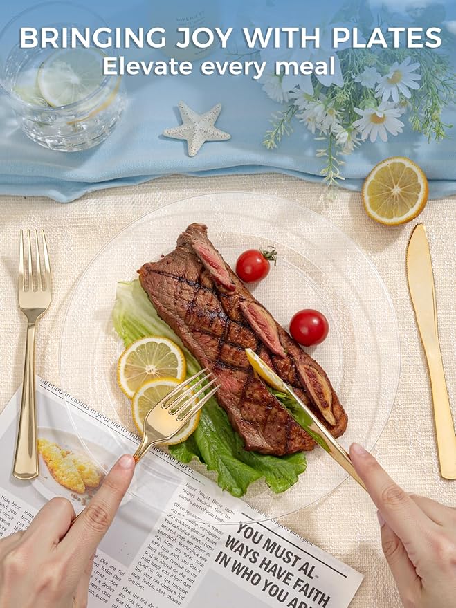 WDF 200PCS Clear Plastic Plates for Party - Heavy Duty Clear Disposable Plates - 100 x 10"Dinner Plate and 100 x 7" Dessert/Cake Plastic Plate for Weddings/Traval/Party/BBQ/Events